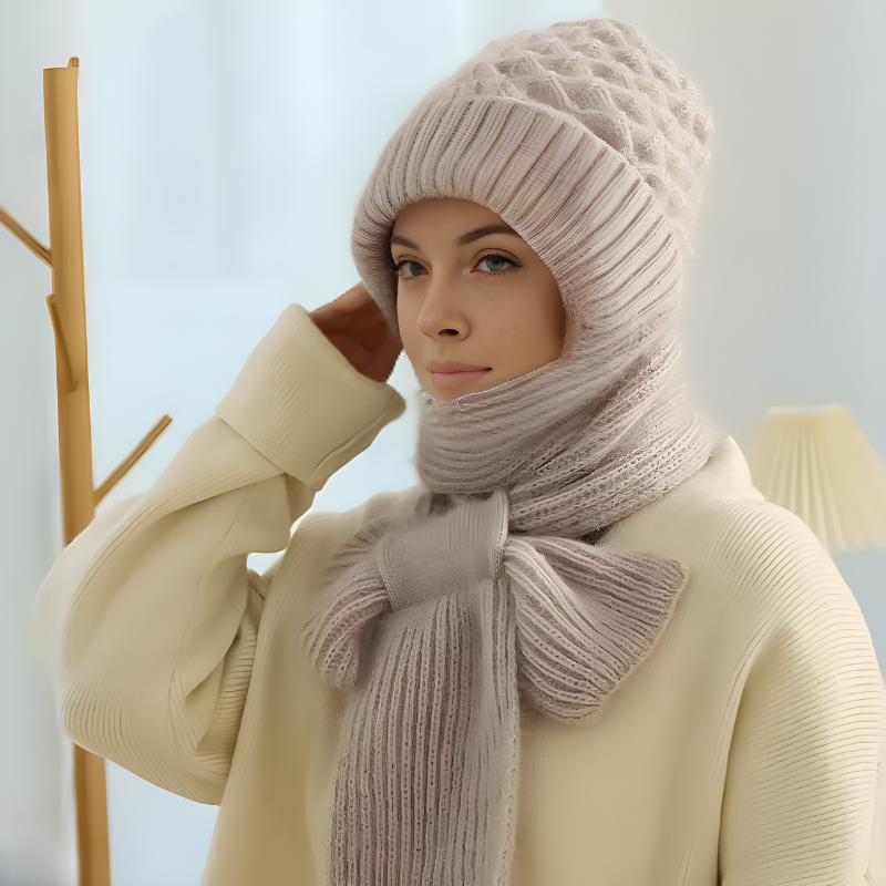 Knitted Winter Hat with Integrated Scarf with 2-in-1 Design
