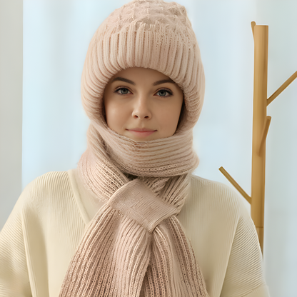 Knitted Winter Hat with Integrated Scarf with 2-in-1 Design