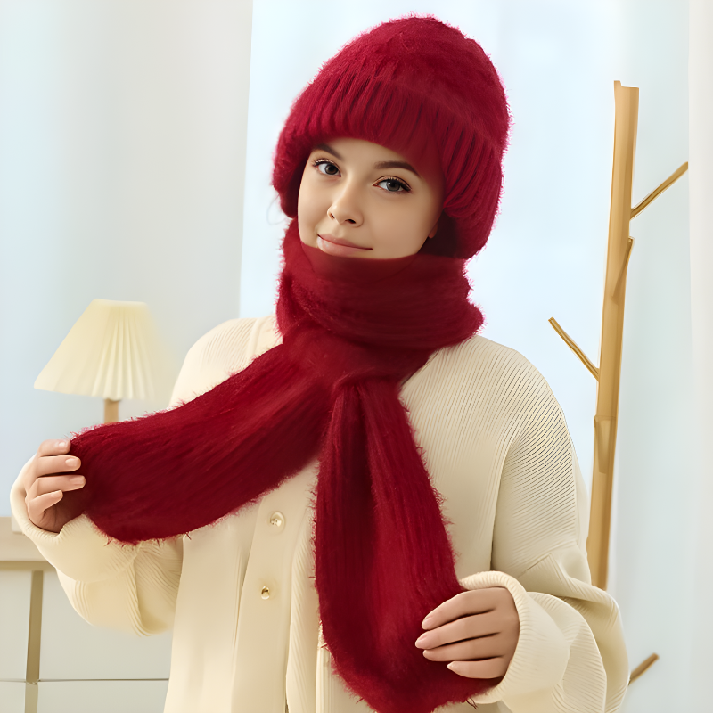 Knitted Winter Hat with Integrated Scarf with 2-in-1 Design