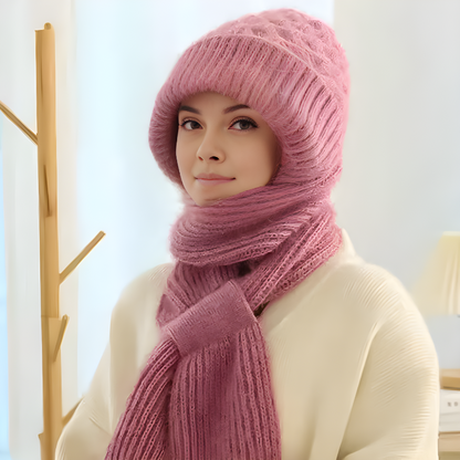 Knitted Winter Hat with Integrated Scarf with 2-in-1 Design