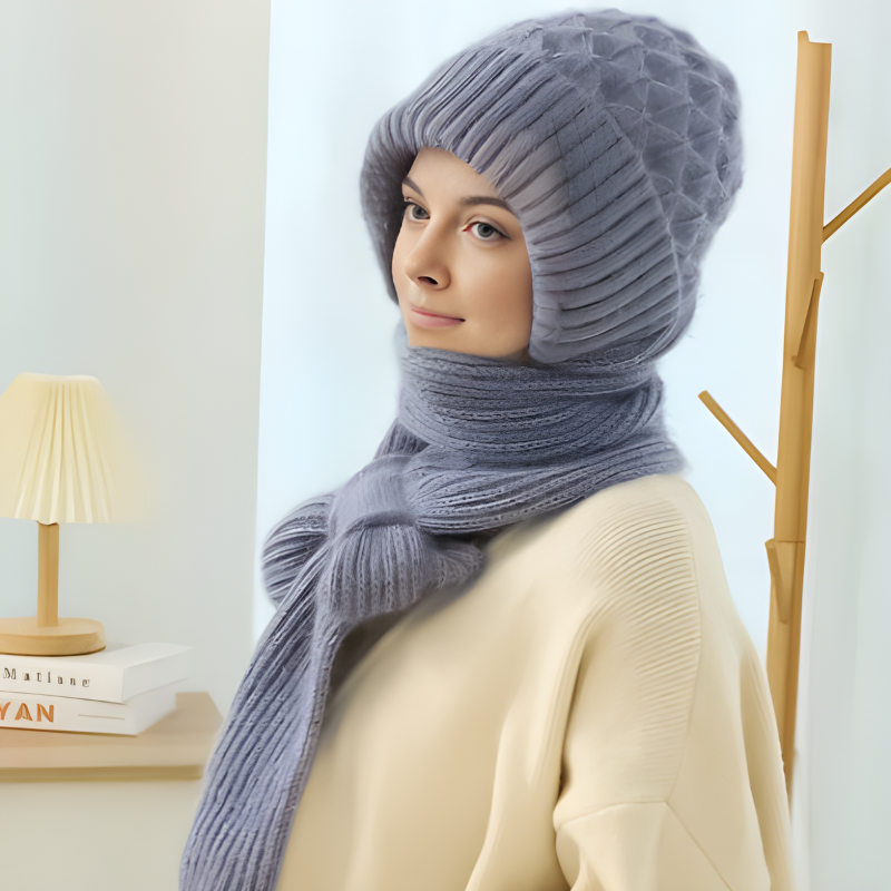 Knitted Winter Hat with Integrated Scarf with 2-in-1 Design