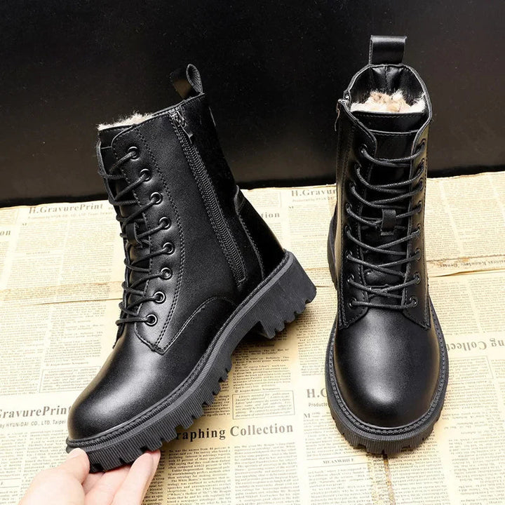 Boots with Ladies' Black Leather Winter Teddy Lining for Warm and Comfortable