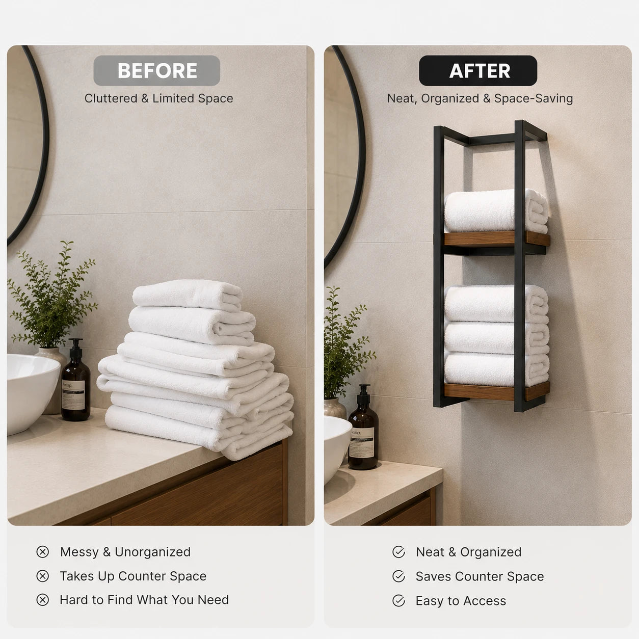 Wall Mounted Towel Rack with Shelf for Bathroom Storage