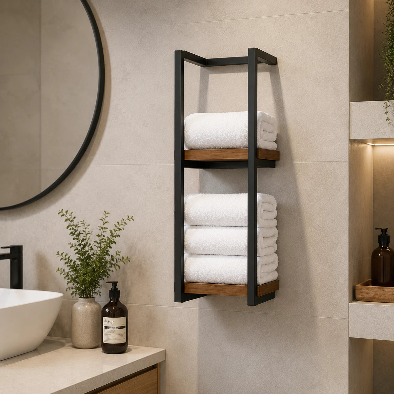 Wall Mounted Towel Rack with Shelf for Bathroom Storage