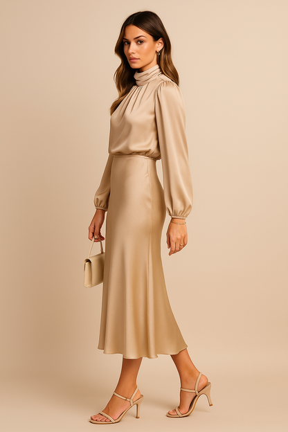 Ladies Elegant Midi Dress with High Neck and Flowing Fit