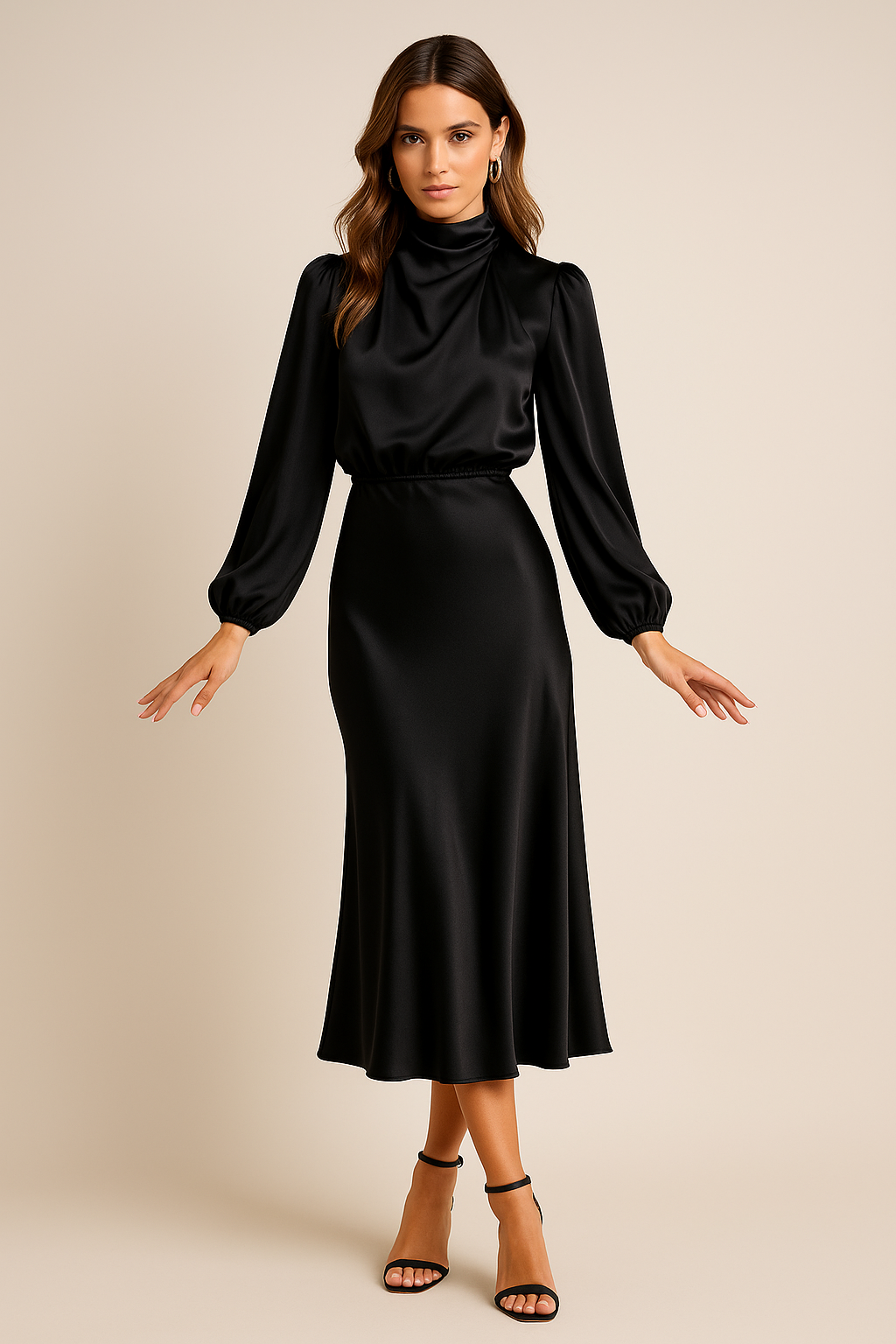 Ladies Elegant Midi Dress with High Neck and Flowing Fit