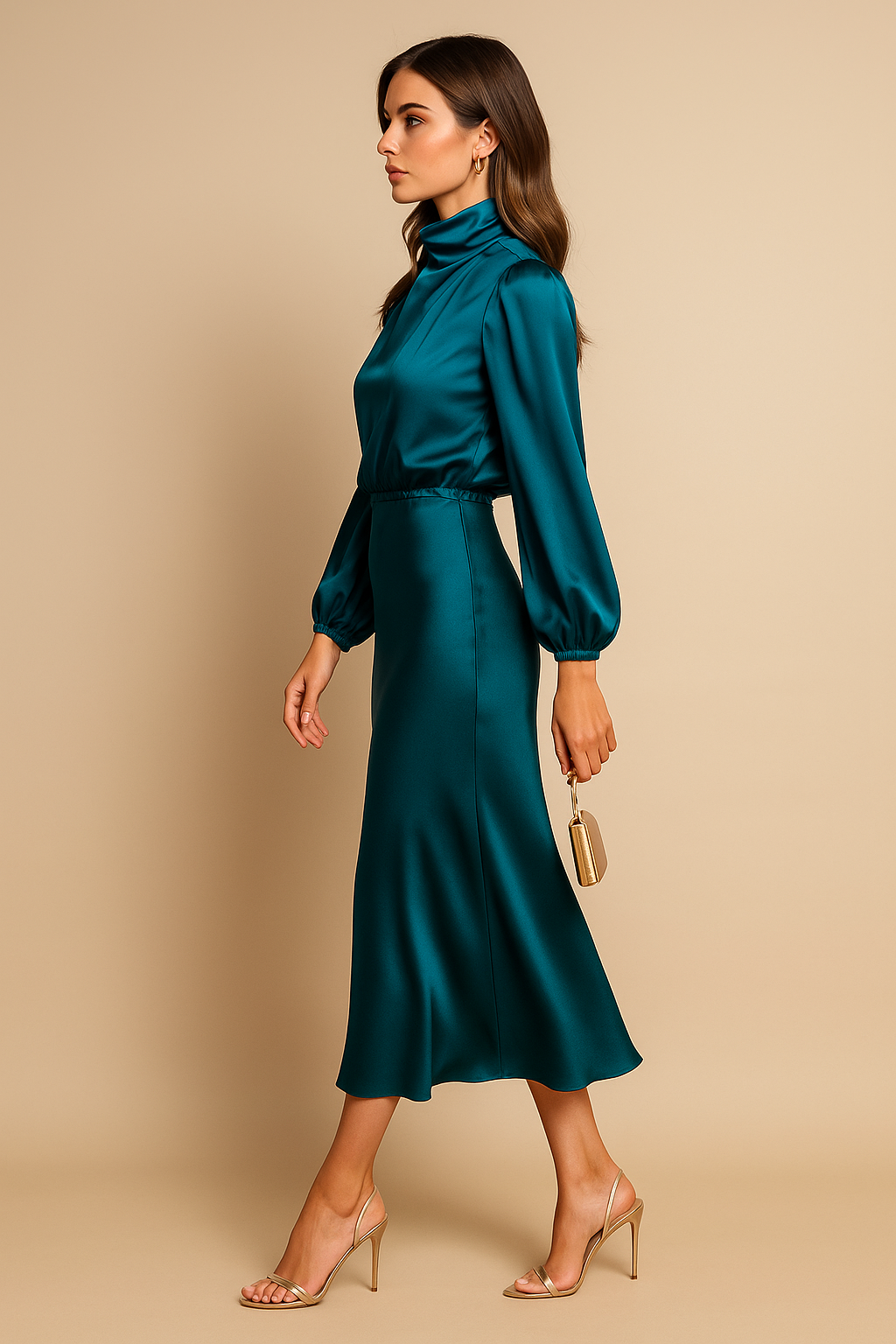 Ladies Elegant Midi Dress with High Neck and Flowing Fit