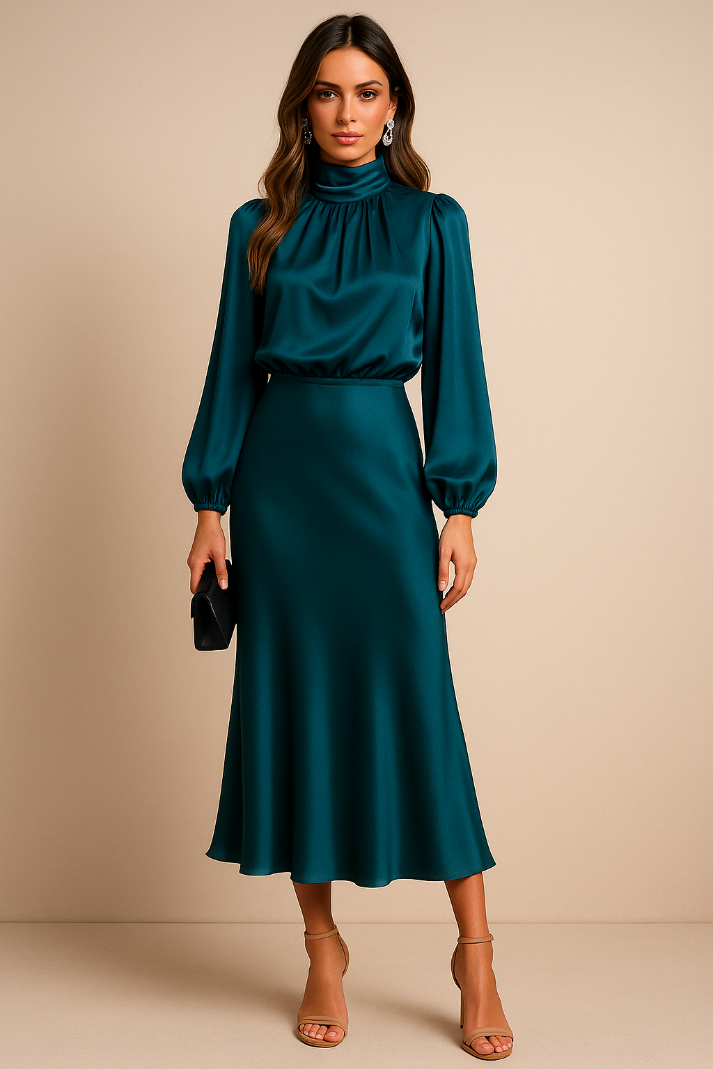 Ladies Elegant Midi Dress with High Neck and Flowing Fit