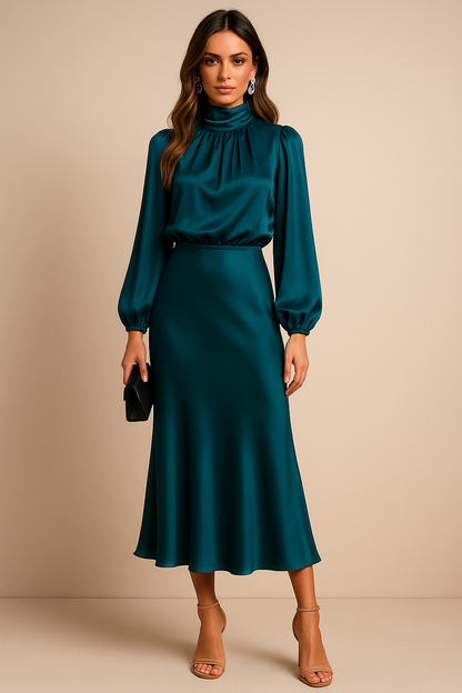 Ladies Elegant Midi Dress with High Neck and Flowing Fit