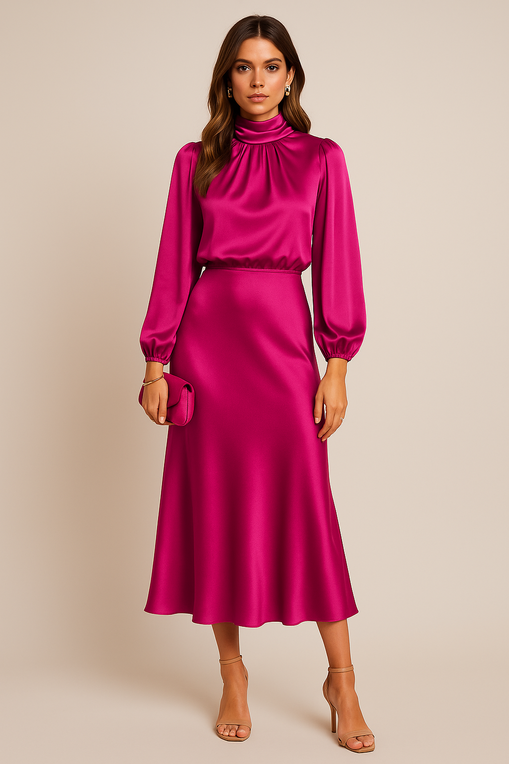 Ladies Elegant Midi Dress with High Neck and Flowing Fit