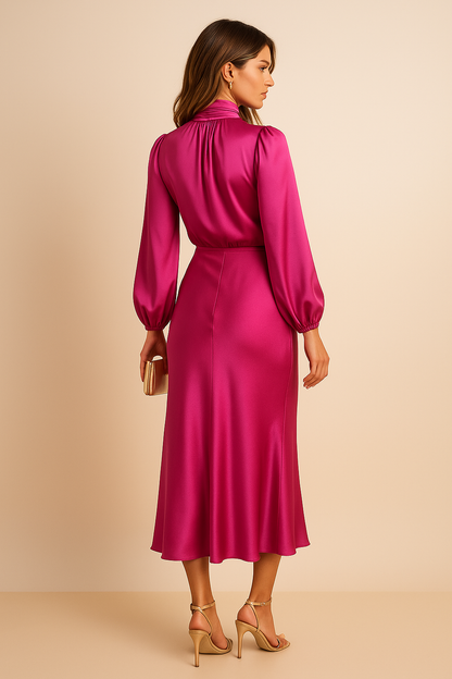 Ladies Elegant Midi Dress with High Neck and Flowing Fit