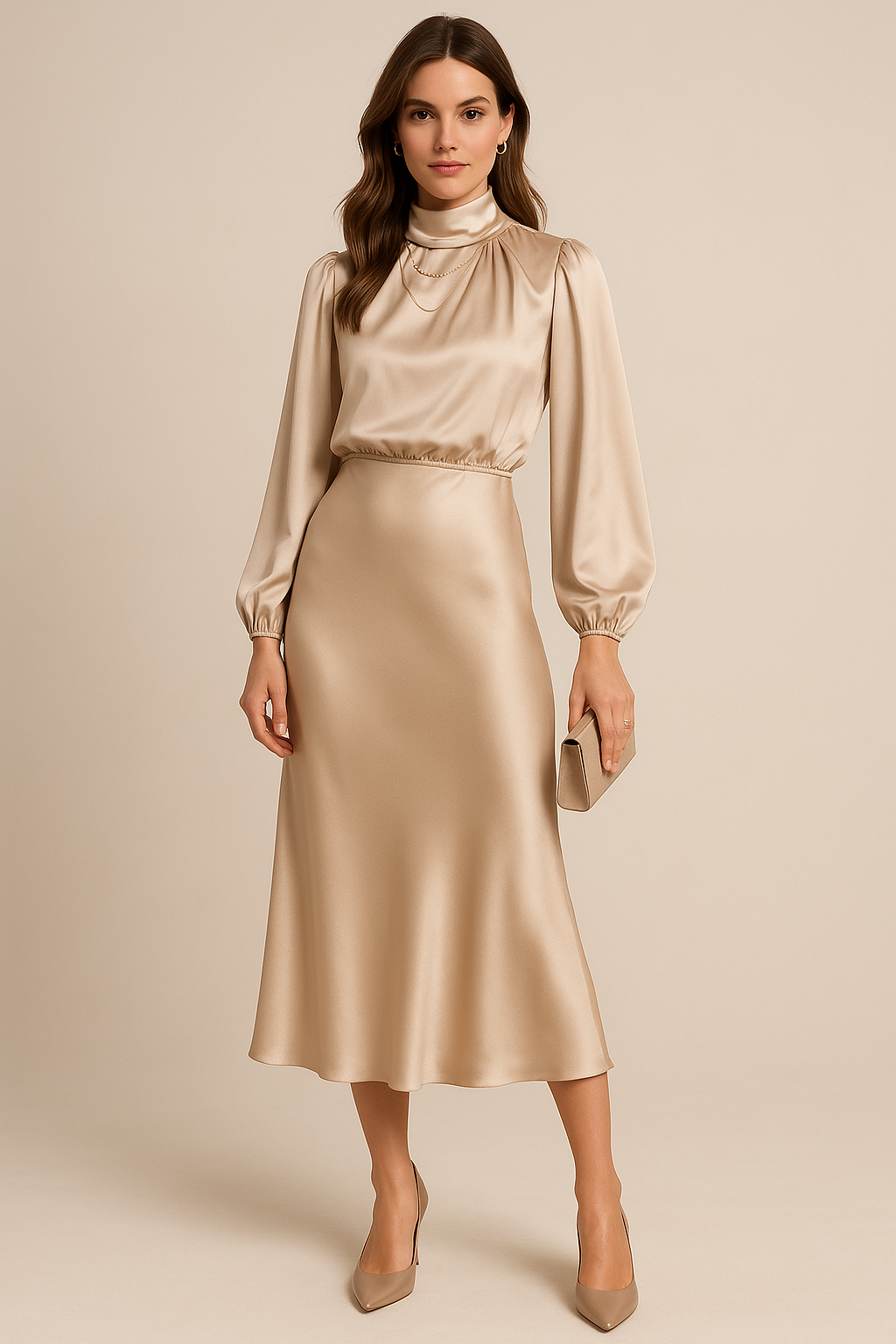 Ladies Elegant Midi Dress with High Neck and Flowing Fit