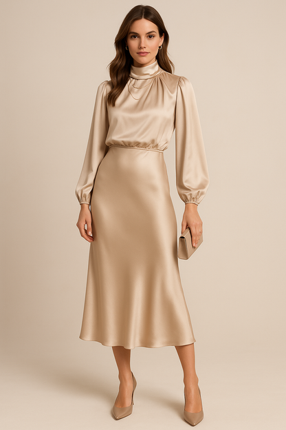 Ladies Elegant Midi Dress with High Neck and Flowing Fit