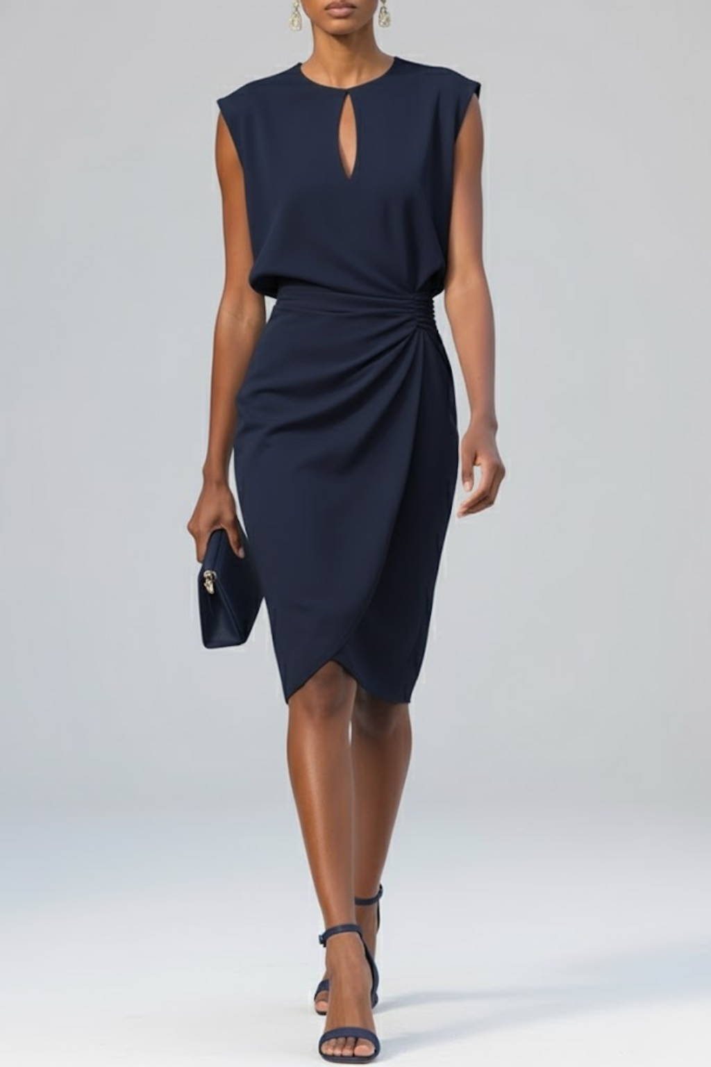 Elegant Midi Dress with Keyhole Neckline and Pleated Waist