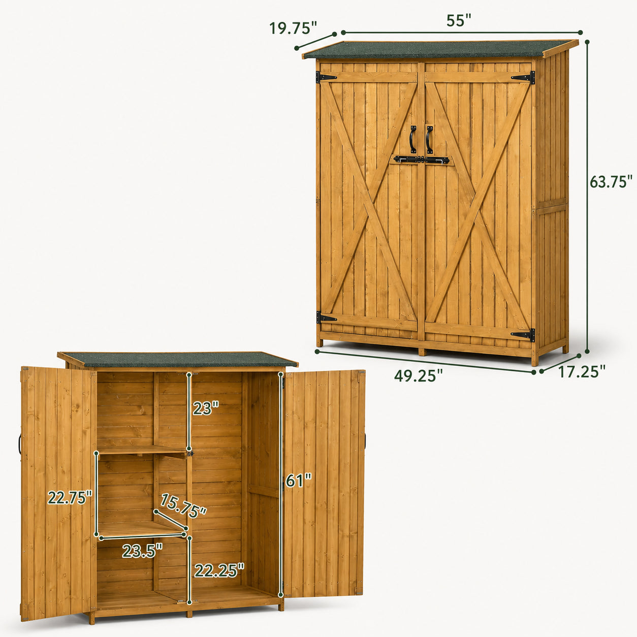 Dimensions of 55-inch wooden outdoor storage shed with shelves and lock