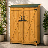 Wooden outdoor storage shed with asphalt roof and lockable double doors