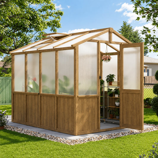 wooden walk-in greenhouse with polycarbonate panels
