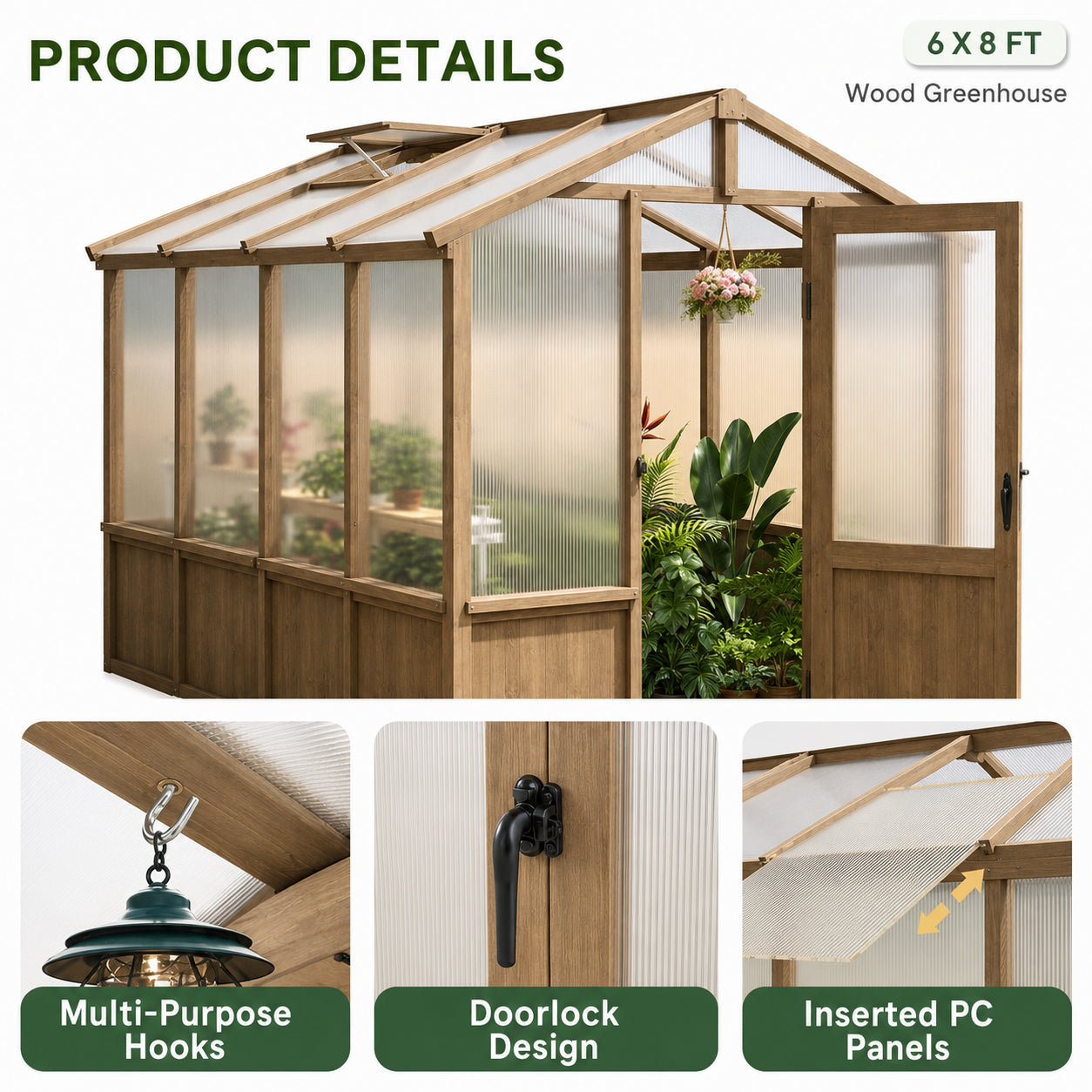 wooden walk-in greenhouse with polycarbonate panels