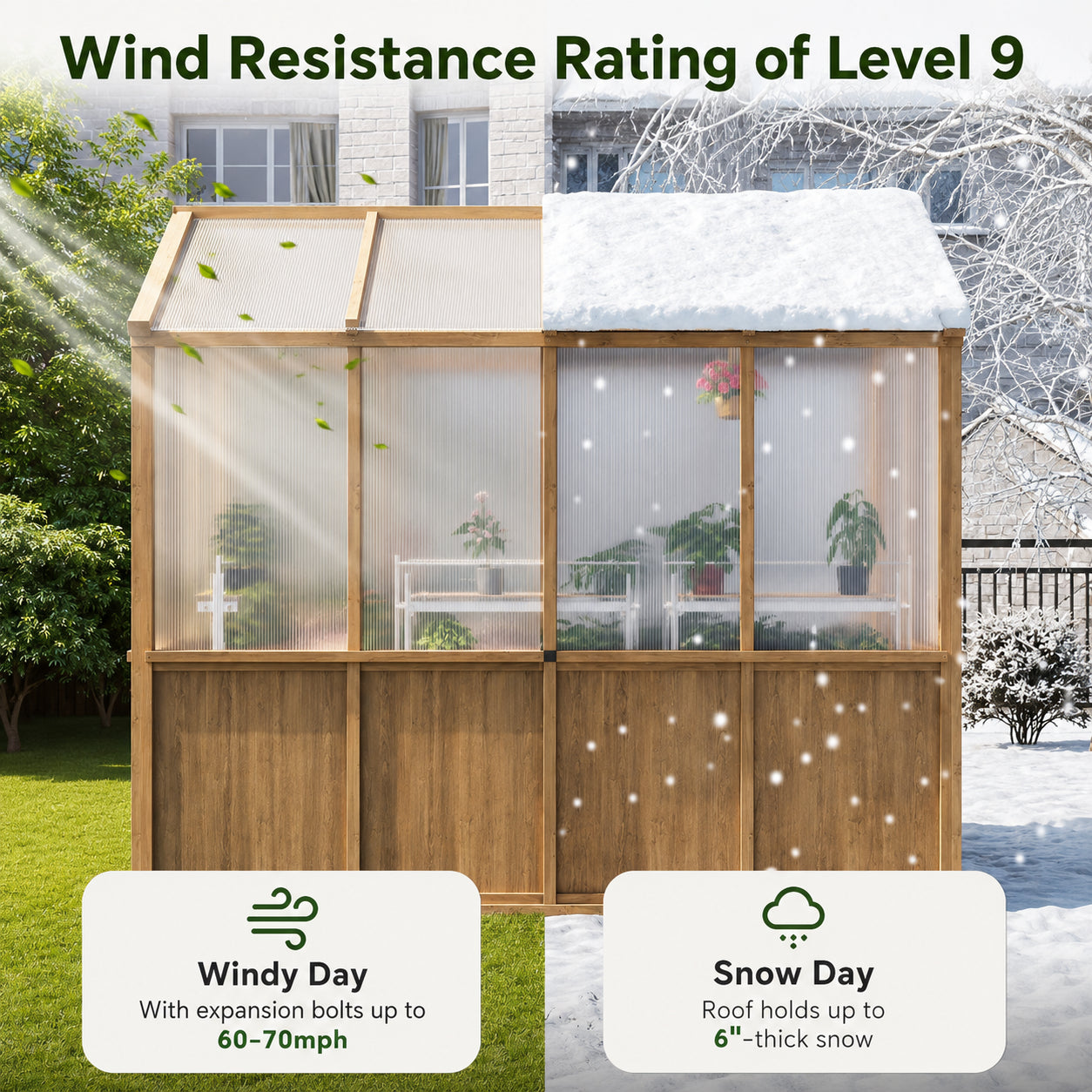 wooden walk-in greenhouse with polycarbonate panels
