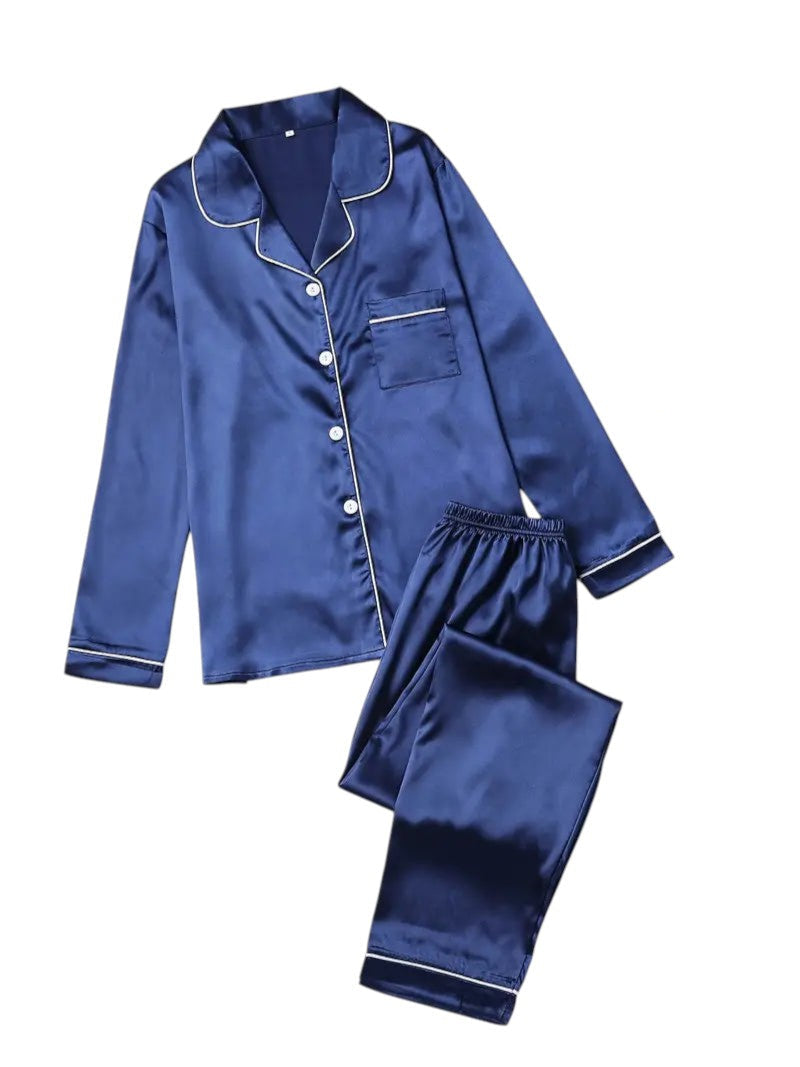 Set Ladies Satin Pyjama for Long Sleeves with Classic Collar