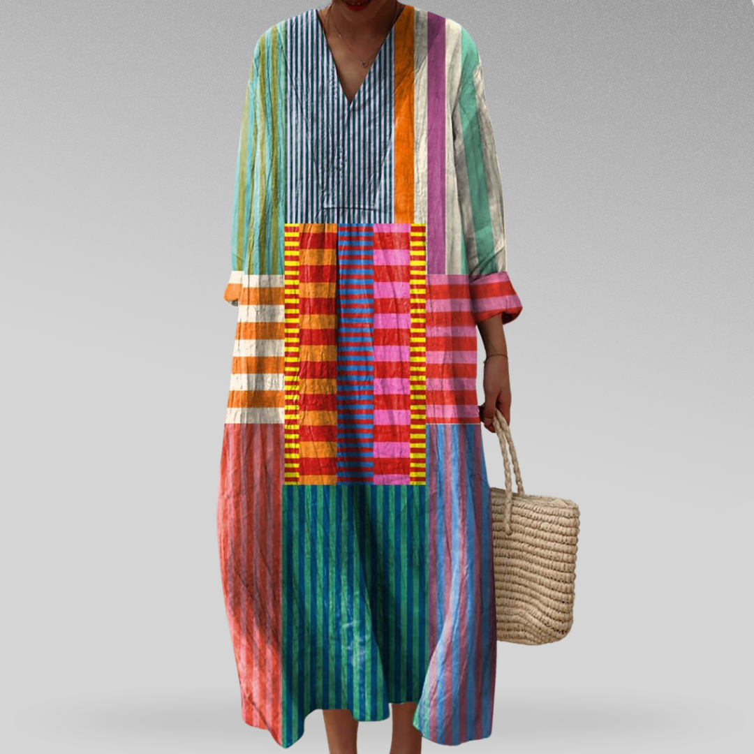 Ladies' Summer Dress with Patchwork Stripe Pattern and V-Neck