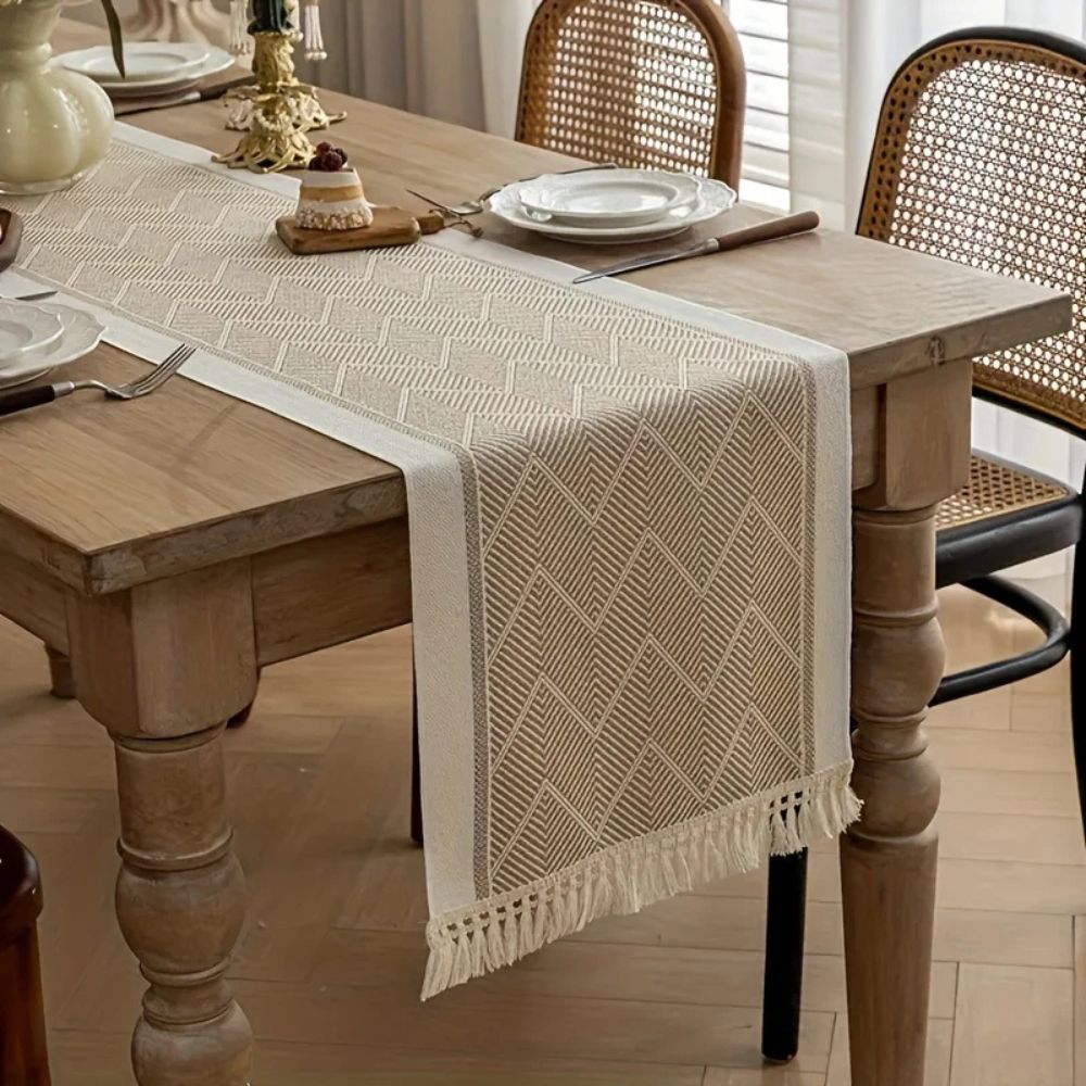 Table with Woven Runner with Zigzag Pattern and Fringes for Stylish Tables