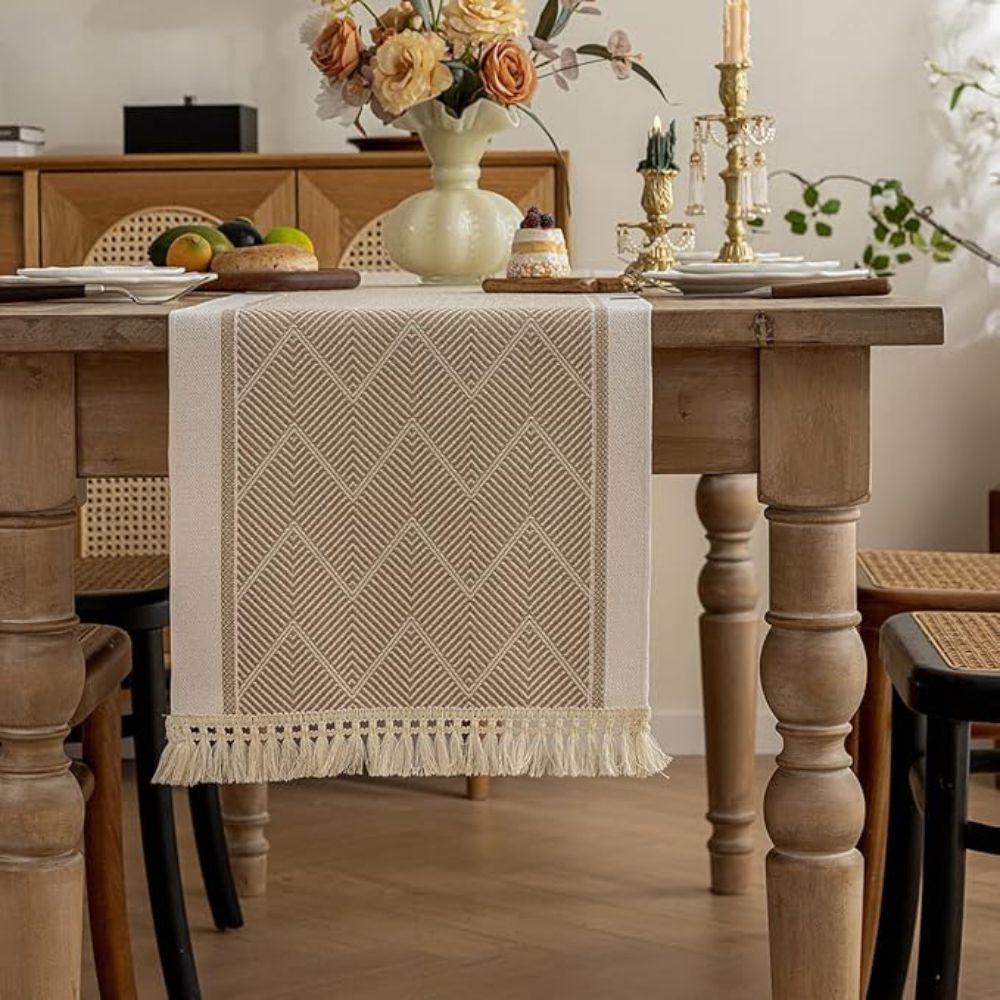 Table with Woven Runner with Zigzag Pattern and Fringes for Stylish Tables