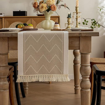 Table with Woven Runner with Zigzag Pattern and Fringes for Stylish Tables