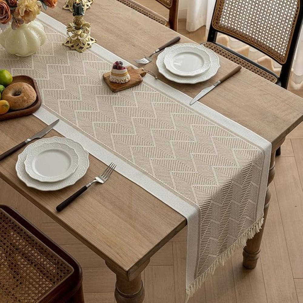 Table with Woven Runner with Zigzag Pattern and Fringes for Stylish Tables