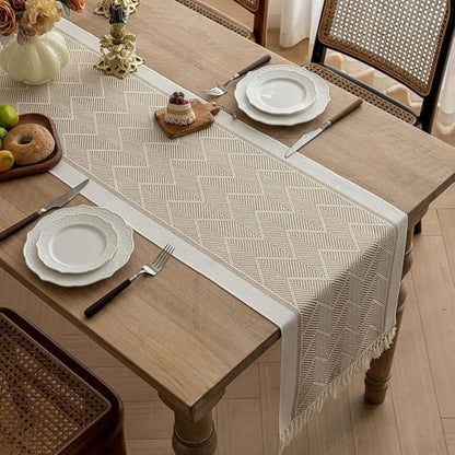 Table with Woven Runner with Zigzag Pattern and Fringes for Stylish Tables