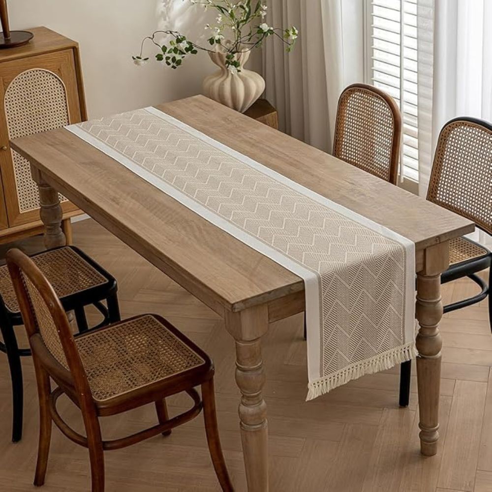 Table with Woven Runner with Zigzag Pattern and Fringes for Stylish Tables