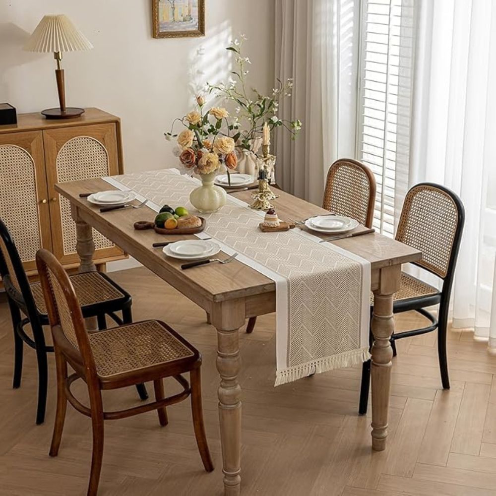 Table with Woven Runner with Zigzag Pattern and Fringes for Stylish Tables