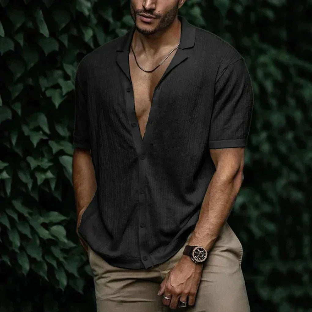 Linen Shirt for Men with Button Closure and Breathable Knit