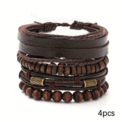 Bracelets with Stylish Leather and Wooden Set for the Modern Man