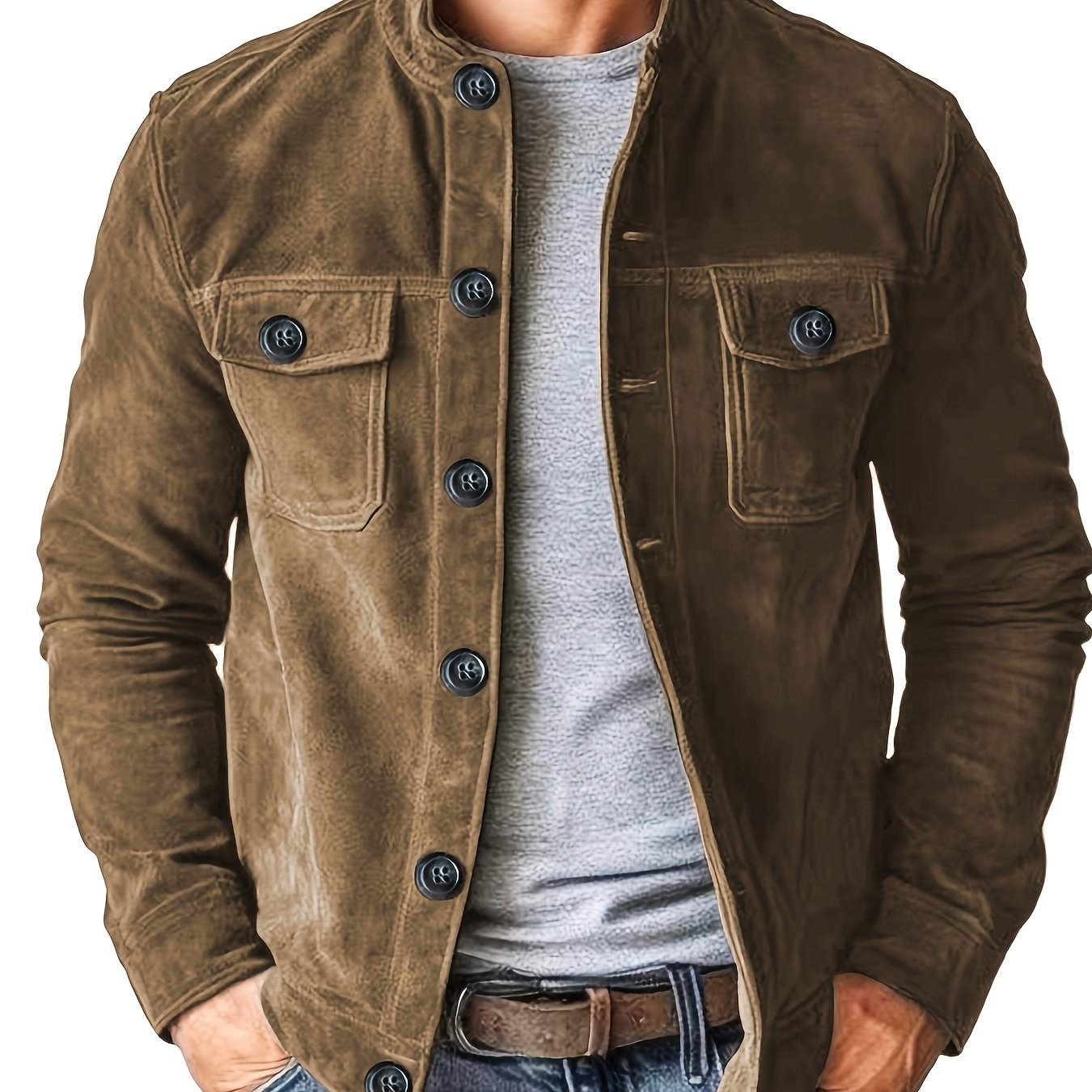 Stand with Men's Casual Jacket with Buttons and Up Collar for Vintage Work Jacket