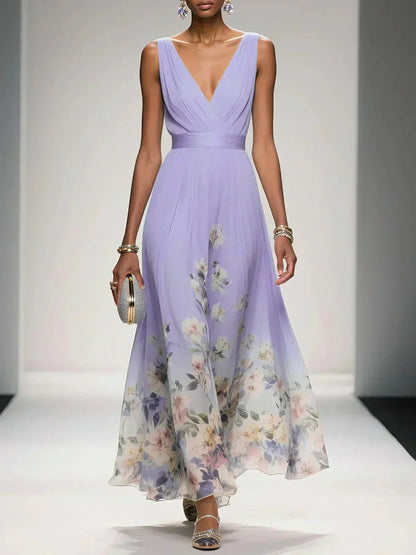 Ladies' Summer Dress with Floral Print and V-Neck for Weddings