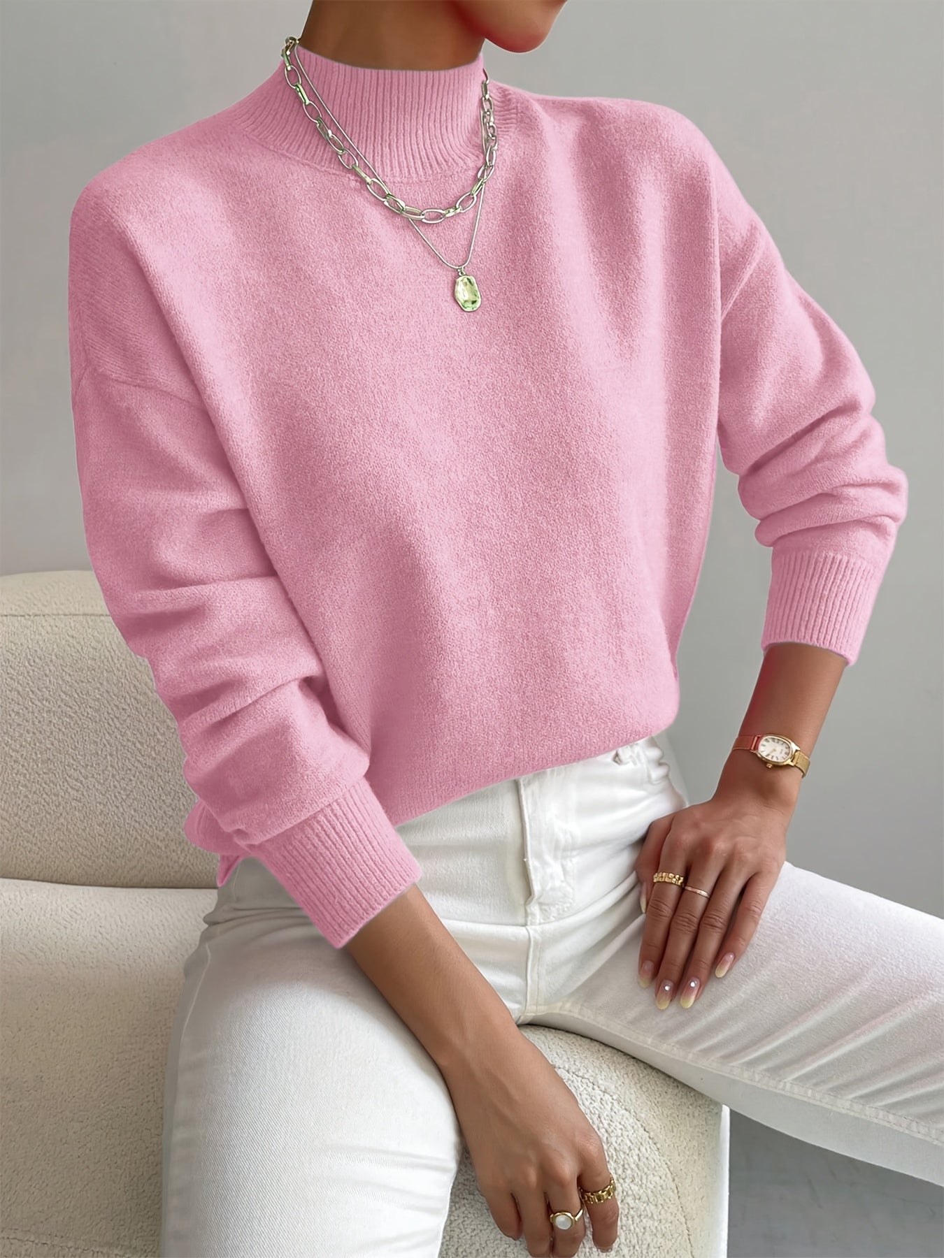Ladies' Knitted Jumper with a High Neck and Long Sleeves for Autumn Winter