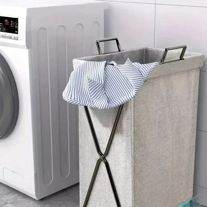 Basket with Foldable Laundry Metal Frame and Woven Fabric Storage Bag