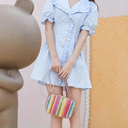 Bag with Shoulder Women Striped Woven Design with Zip Closure