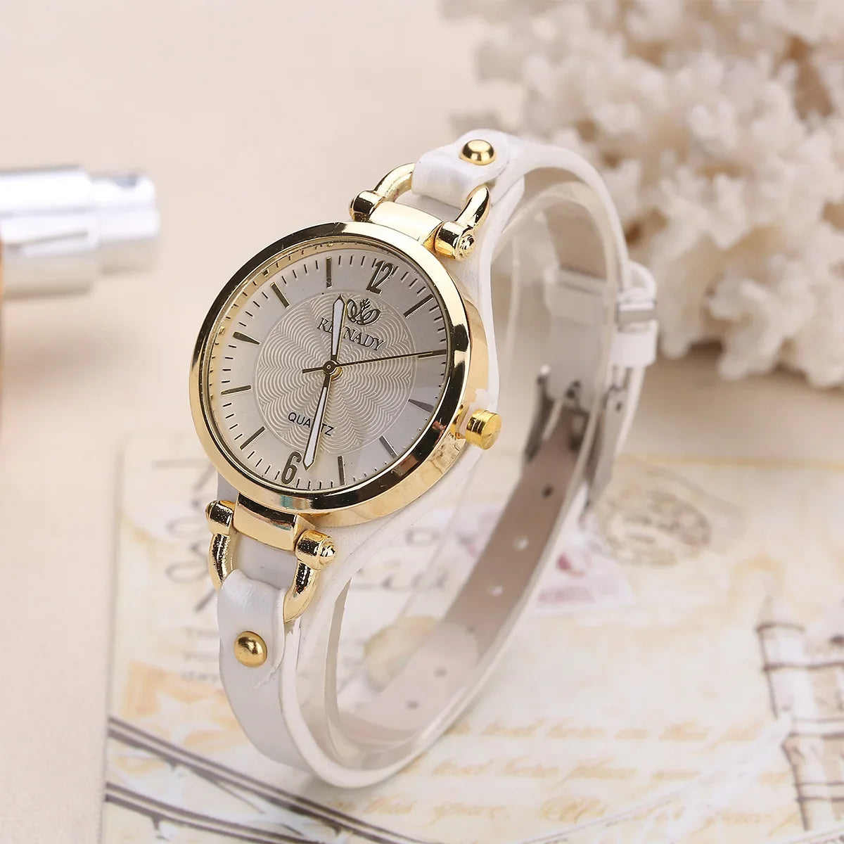 Watch with Ladies' Quartz Engraved Dial and Vegan Leather Strap