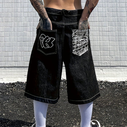 Casual Bermuda Denim Shorts for Loose Fit with Stylish Floral Embroidery