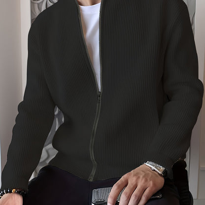 Men's Ribbed Zip-Up Cardigan for Relaxed Fit for Autumn and Winter