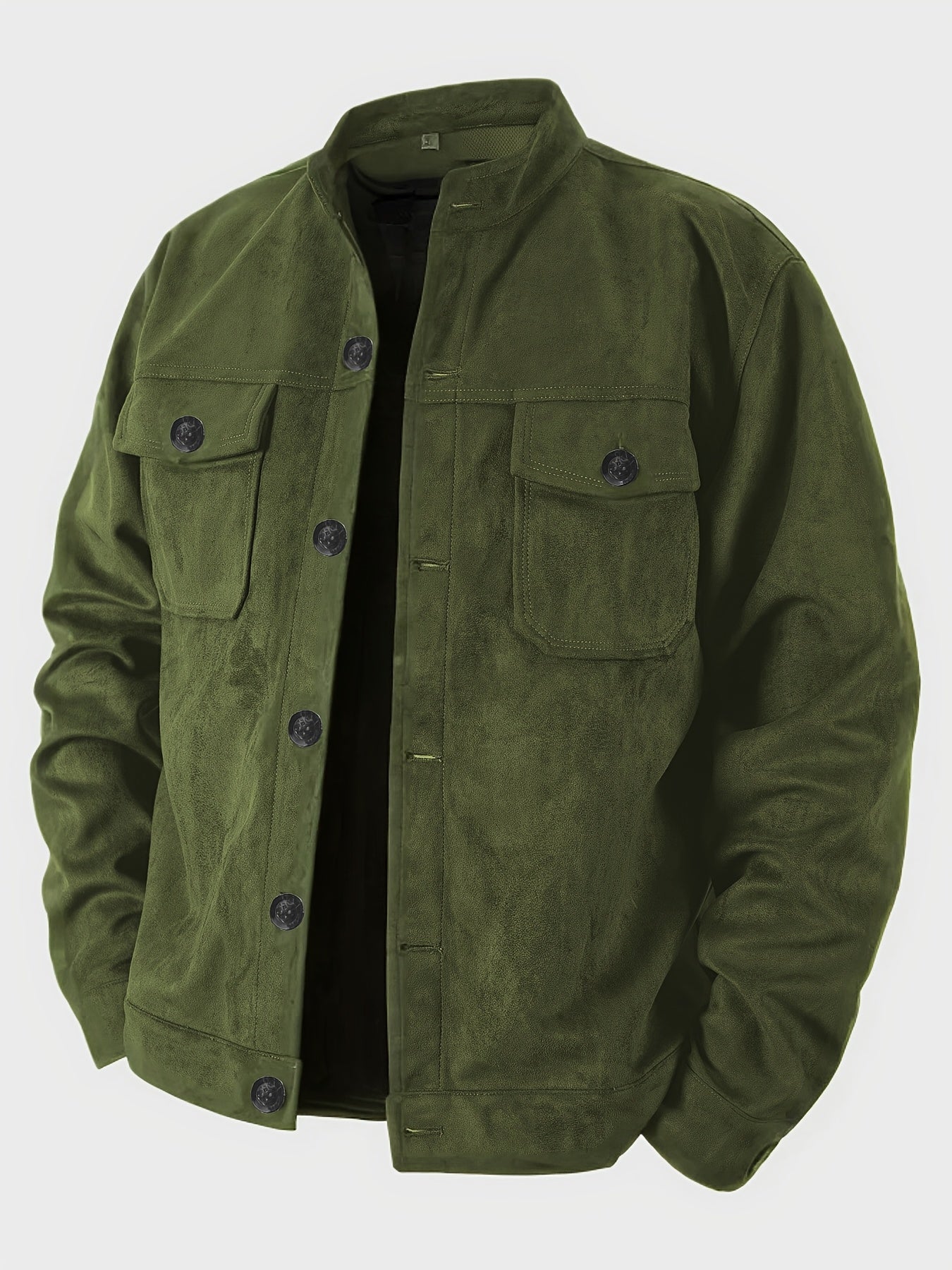 Stand with Men's Casual Jacket with Buttons and Up Collar for Vintage Work Jacket