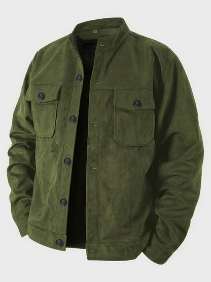 Stand with Men's Casual Jacket with Buttons and Up Collar for Vintage Work Jacket