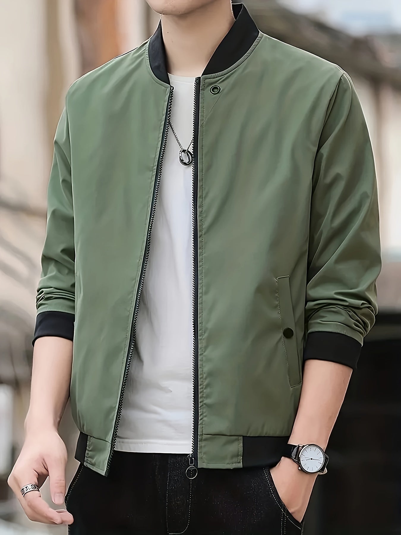 Stand with Lightweight Men's Summer Jacket with Up Collar and Zip Closure