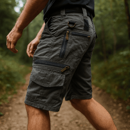 Men's Cotton Cargo Shorts with Zipped Pockets and Elastic Waist