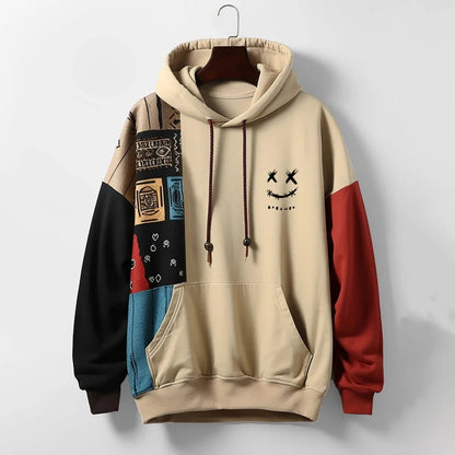 Patchwork Hoodie for Men for Relaxed Fit in Cotton Blend
