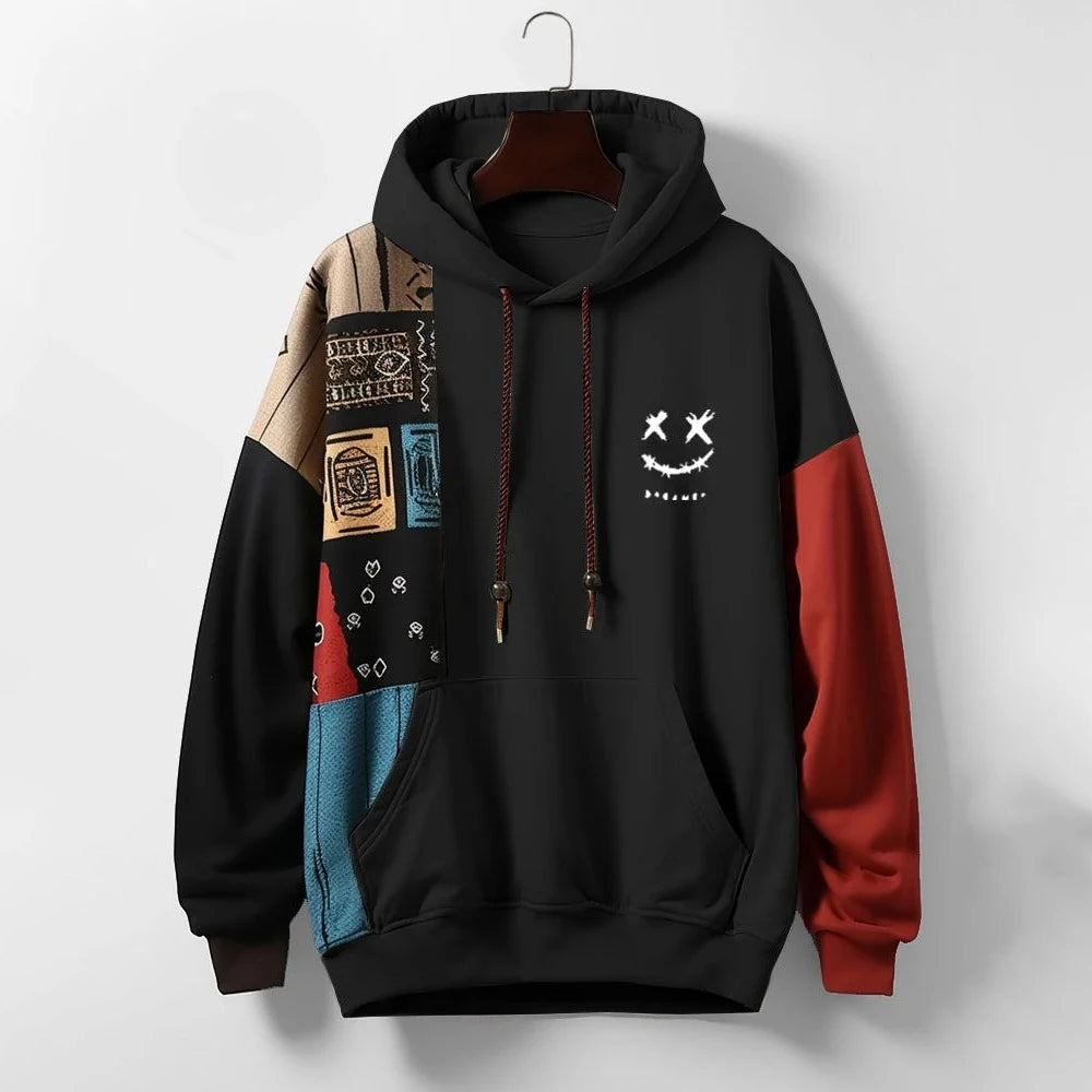 Patchwork Hoodie for Men for Relaxed Fit in Cotton Blend