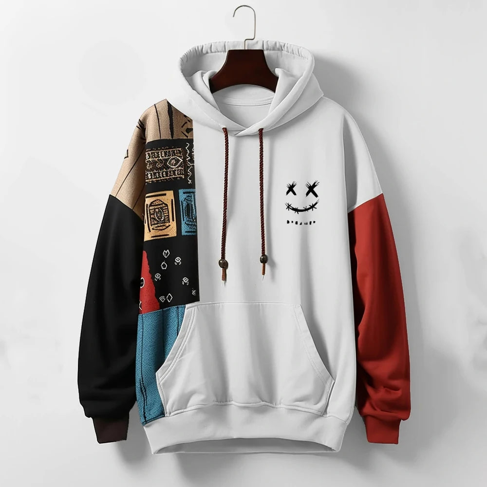 Patchwork Hoodie for Men for Relaxed Fit in Cotton Blend