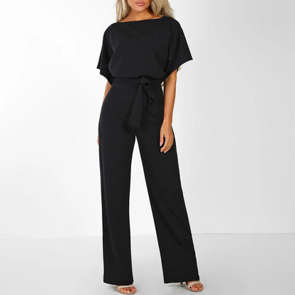 Elegant Ladies' Jumpsuit with Short Sleeves and Waist Belt for Comfortable and Stylish